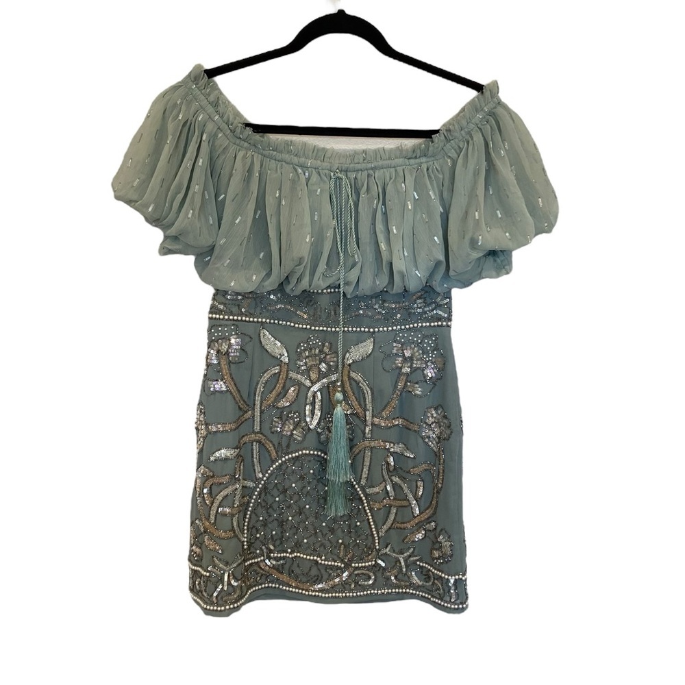 ASOS Design Blouson Bodice Off-Shoulder Mini Dress With Embellished Skirt - Picture 2 of 11